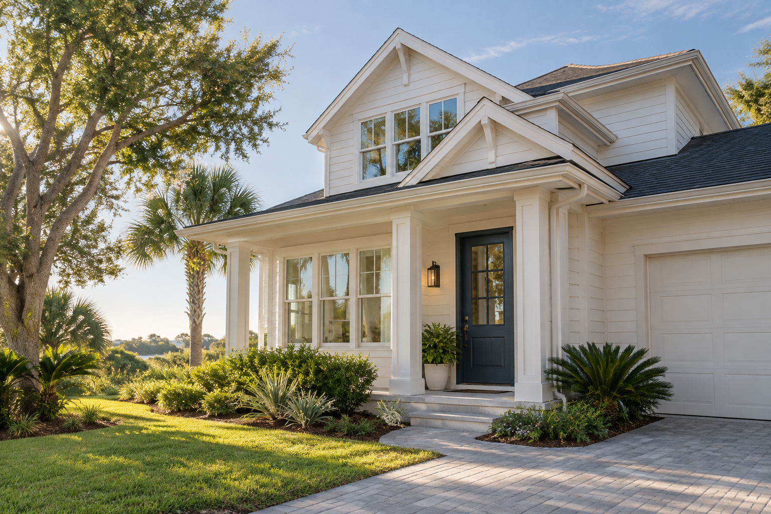 A coastal home with a welcoming porch and navy front door