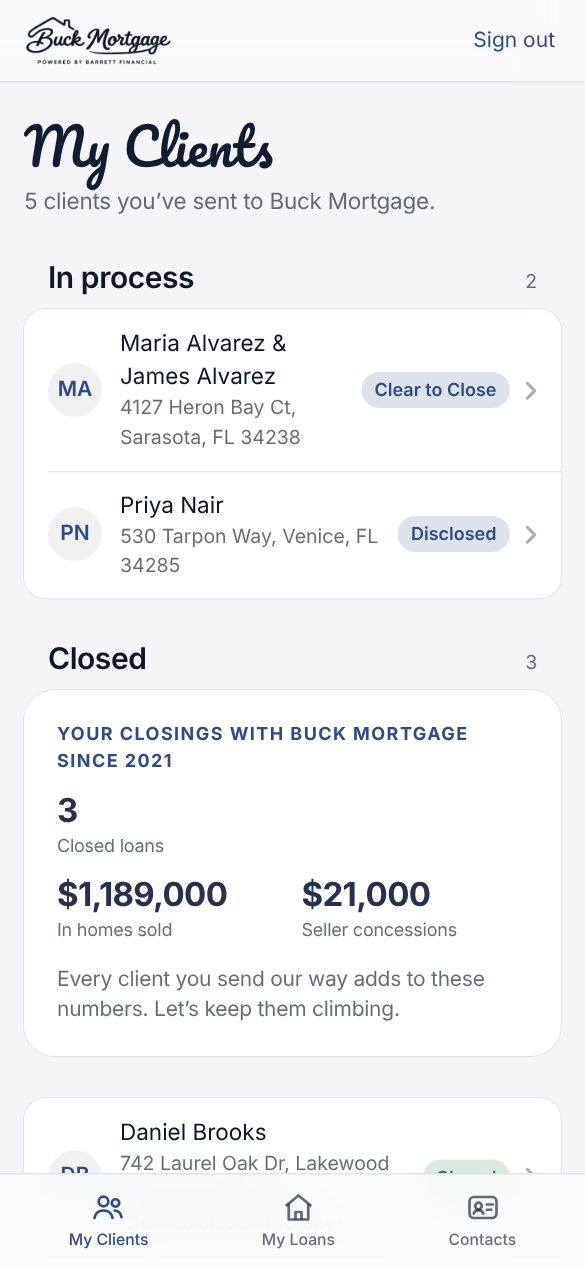 Partner portal screen: My Clients, with clients in process and closings tally